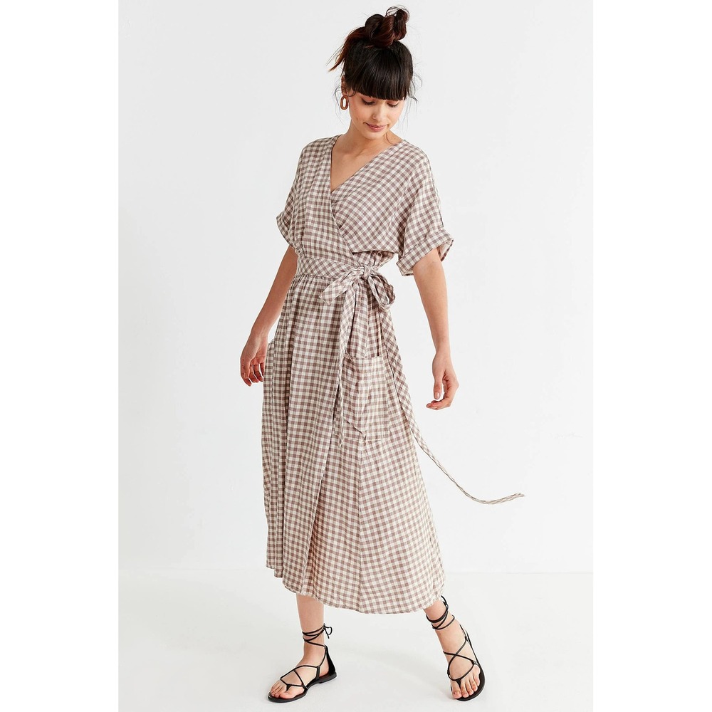 Urban Outfitters Maxi Dress Medium Brown Gingham Linen Blend Wrap Short Slv